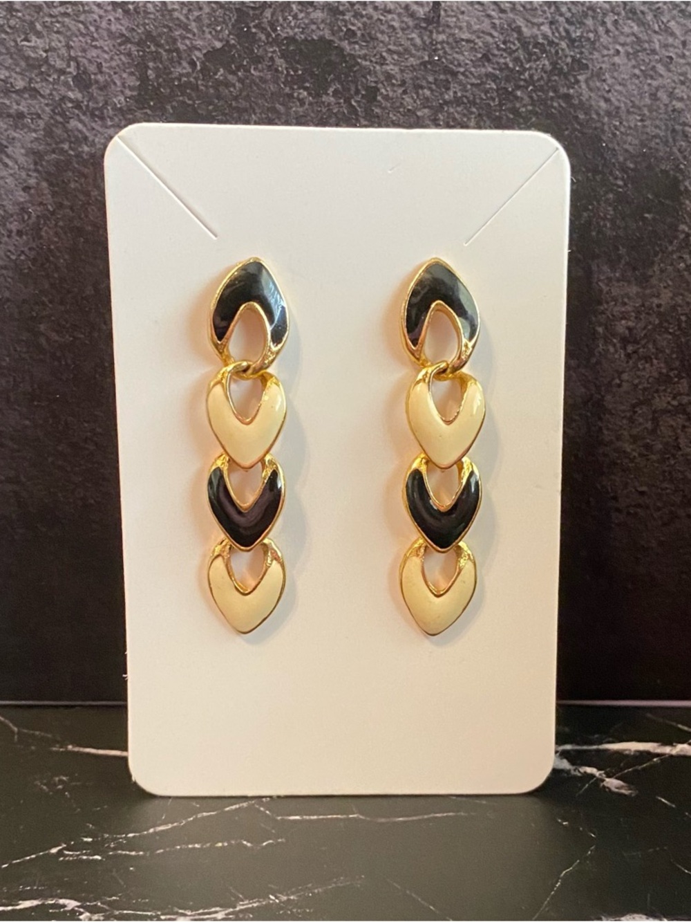 Vintage Black, Cream and Gold Enamel Link Drop Earrings